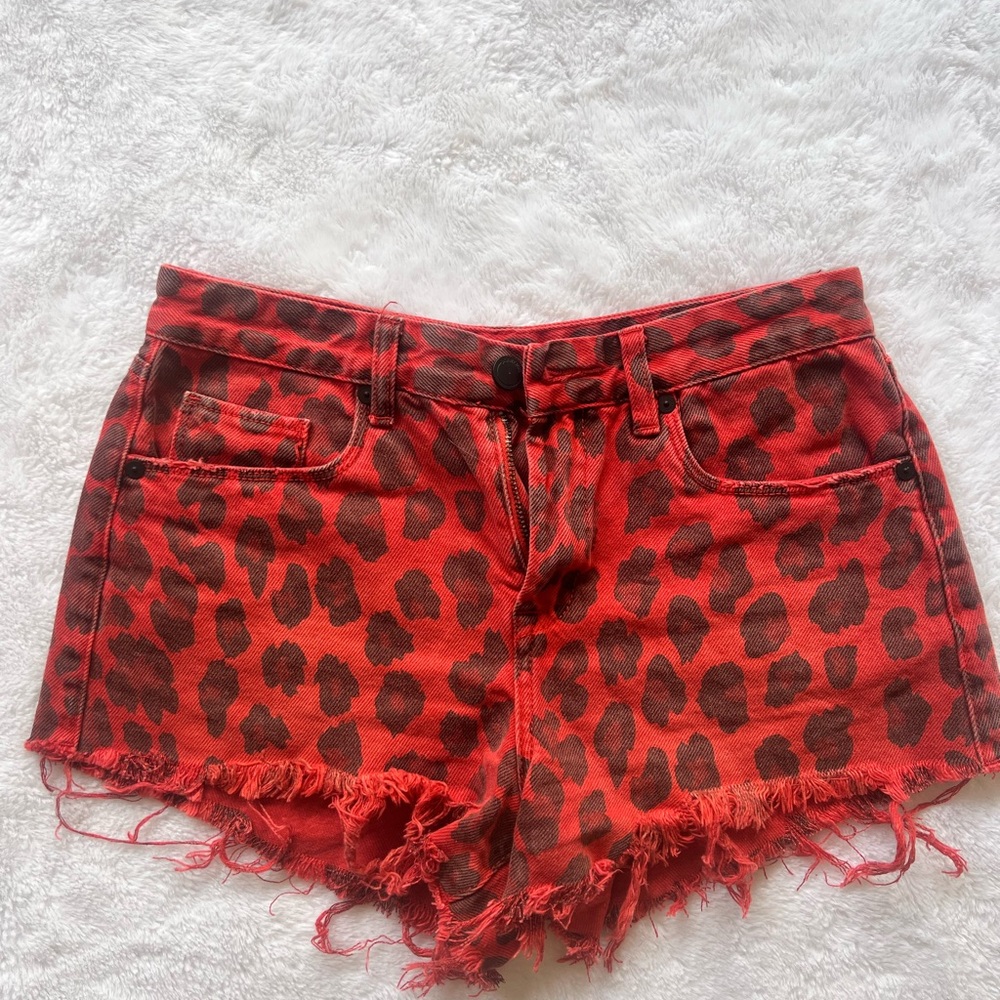 BlankNYC Red Cheetah Denim Cut-off Shorts, Size 26